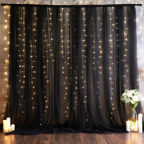 Rideau fond noir 3x3m avec guirlande lumineuse LED pour mariage et fête