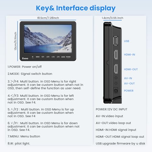 Eyoyo 03US-CP5B0169 7 Inch Camera Field Monitor, 1024X600 External Video Monitor With Sunshade Hd Ips Screen Photography Monitor Hdmi Av Input Support 1080P For Dslr Cameras thumb #4