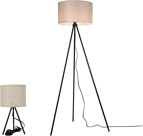 Lámpara de trípode y moderna lámpara de mesa trípode de mediados de siglo para sala de estar, dormitorio, lámpara de pie negra con pantalla de lino,