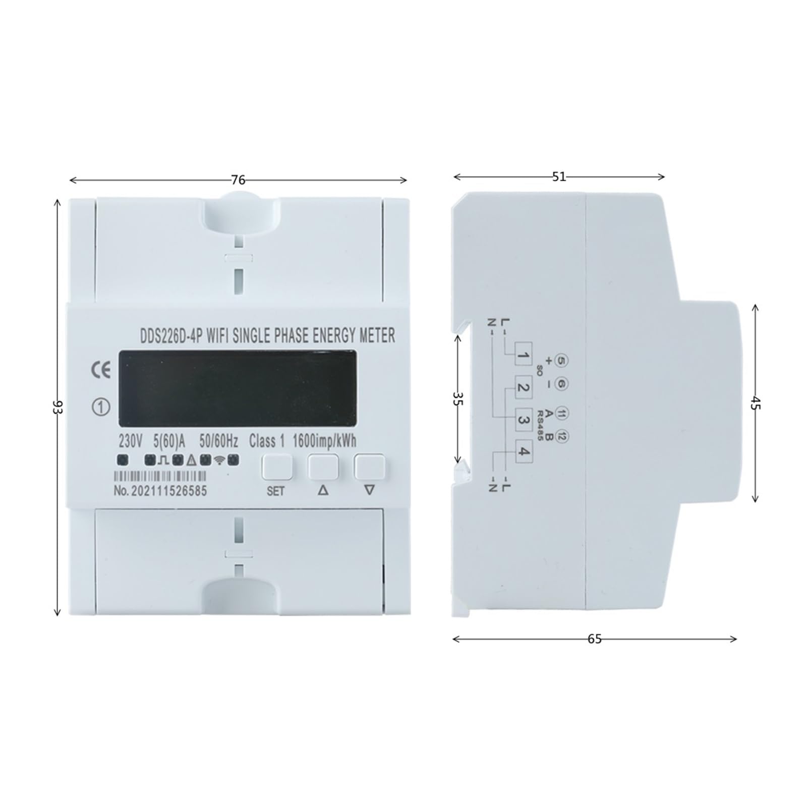 Monitoraggio Dell'Energia del Contatore Intelligen WiFi Smart Series 50/60Hz Contatore di Energia Monofase/Trifase Timer Consumo Energetico Monitor Contatore KWh Wattmetro(DNS226D-7P WiFi 80A)