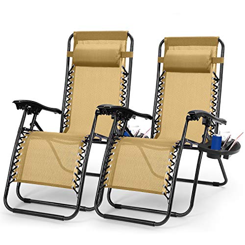Moclever 2PCS Zero Gravity Chairs, Adjustable Foldable Zero Gravity Lounge Chair Recliners for Patio (Beige)
