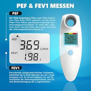 Peak Flow Meter, Kein Bluetooth, für Erwachsene und Kinder zur Überwachung der Lungenfunktion, LCD, Digitales Spirometer für Asthma, COPD, PEF & FEV1, Risikoanzeige, Tagebuch Formular