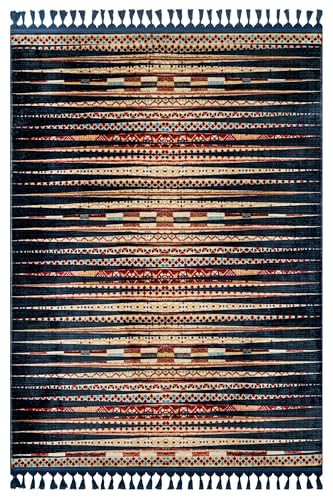 Prateeksha モダン ネイビーブルー ベルベット ノンスリップ 洗濯機対応 ラグ リビングルーム 寝室 廊下 ボーホー モロッコ ソフト ニュートラル ヴィンテージ ルック 幾何学模様 ボヘミアン カーペット 屋内 折りたたみ式 滑り止め エリアラ