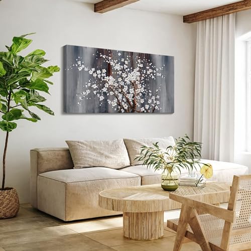 Image of AJAZIKO Wall Art for Living Room Large Modern Wall Decor Canvas Paintings for Wall Decorations White Flower Brown Bedroom Office Artwork Plum Blossom Art Prints Framed