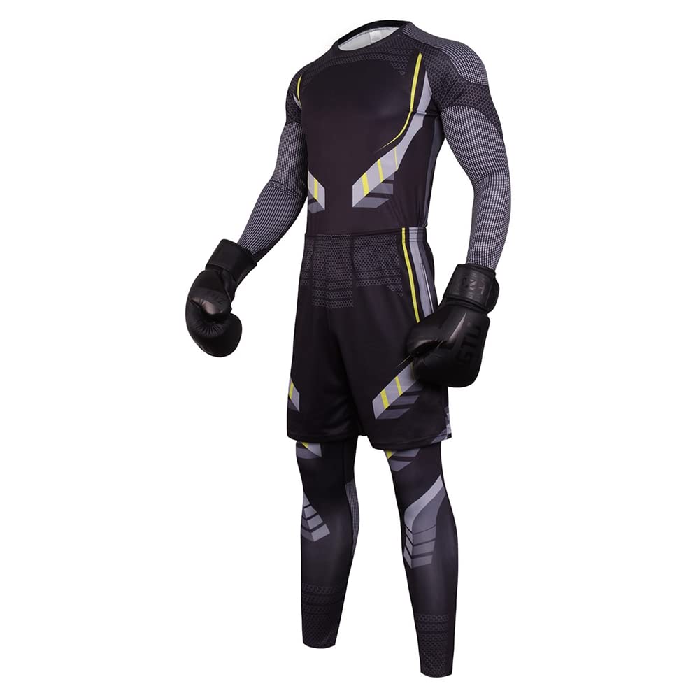 Ensemble de Vêtements de Sport pour Homme 3 Pièces Ensemble de Compression Tenue Sport Fitness Base Layer Maillot Manches Longues + Pantalon Collant + Shorts