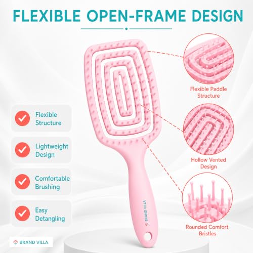 Image of BRAND VILLA Detangling Hair Brush for Women & Men | Anti Hair Fall Comb for Wet & Dry Hair | Flexible Vent Paddle Brush with Scalp Massager | Frizz Control for Curly, Straight, Thick, Long & Wavy Hair (Pink)