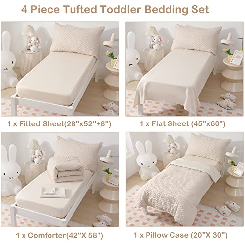 4-Piece Boho Tufted Toddler Bedding Set For Girls Boys Beige Jacquard Tufts Embroidery Bohemian Comforter Set For Kids Bed-In-A-Bag Bed Sheet Set With Comforter, Flat Sheet, Fitted Sheet, Pillowcase #TOP3
