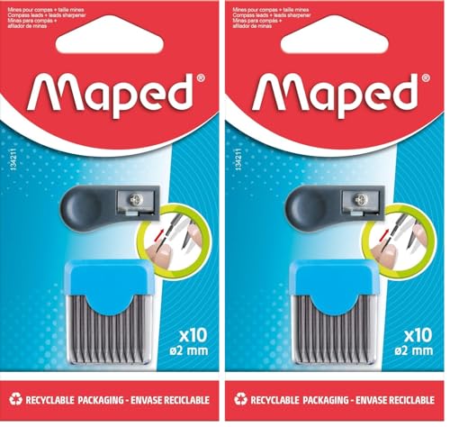 Maped Étui Rigide de 10 Mines de Rechange 2 mm + 1 taille mines pour Recharge Compas Scolaire Mine + taille mines Compas Maped avec Pointe 2 mm HB Lot de 2