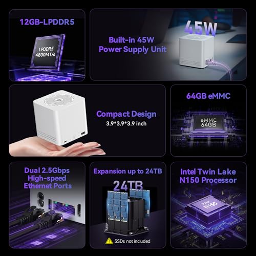 Image of Beelink Me Mini, Mini PC NAS, Intel N150 CPU, 12GB LPDDR5, 64GB eMMC, 6*M.2 PCIe3.0 SSD Slots(MAX 24TB), Dual 2.5G LAN /WiFi6 /BT5.2 /USB3.2 /HDMI, HTPC, Private Cloud, Soft Router, Storage Solution