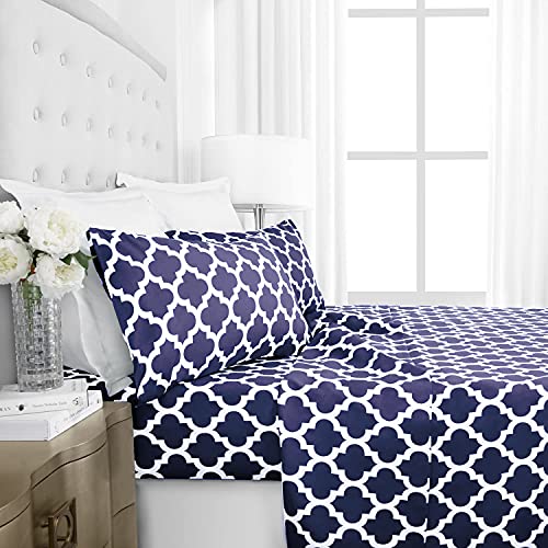Italian Luxury Queen Size Sheets & Pillowcase Set w/Deep Pockets - Microfiber Bedding Sets - Machine Washable - Navy
