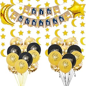 26 PCS Eid Mubarak Decoration, Included 24 Pack Balloons, 1 Pack Banner, 1Bunch Gold Glitter Moon Stars Garland Eid…