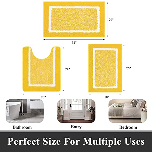 Pauwer Bathroom Sets - 3 Piece Shower Rugs with U-Shaped Contour Toilet Mat, Absorbent Microfiber Plush Bath Mats, Non Slip, Machine Washable Shaggy Floor Mats, Yellow