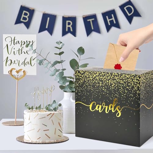 Image of FALIZIFU Black Card Box for Party Gold Foil Gift Card Box Holder for Wedding Birthday Baby Shower Retirement Graduation