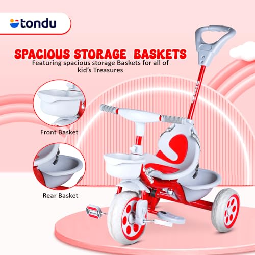 Image of TONDU Kiddo Tricycle for Kids /Baby with Storage Basket | Seat Belt with Parental Control Baby Tricycle (Red)