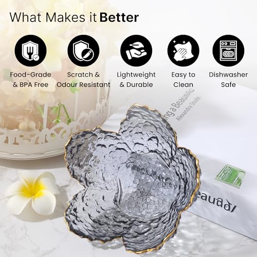 Image of UMAI Fruit Basket | Glass Bowl | Beautiful Sakura Shaped Design | Fruit Dessert Bowl | Decorative Bowl for Decoration | Presenting Fruit Salad Dry Fruits for Desserts | Home Living Room