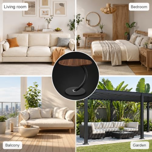 Image of KRISHYAM Modern C-Shaped Side Table with Wooden Round Top & Metal Base | Sofa End Table for Living Room, Bedroom & Office | Walnut Finish Top with Black Metal Stand