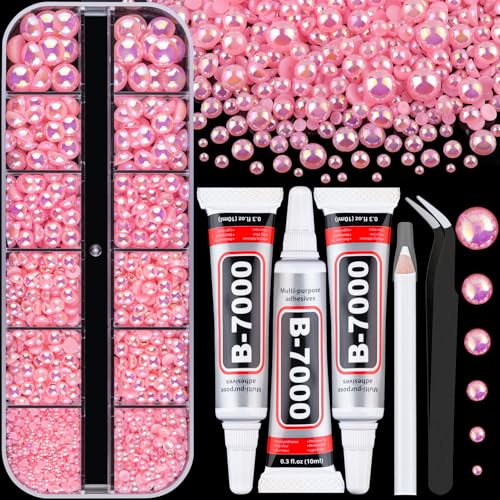 Image of Flatback Pearls for Crafting with 3Pcs 10ml B7000 Jewelry Glue, 1 Box of Half Round Pink AB Pearls, Bedazzling Beads for DIY Crafts Clothing Tumblers Shoes Embellishment Nail Art