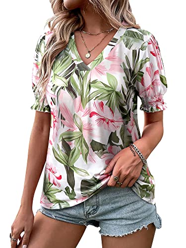 ZXZY Women Ruffle Short Sleeve Pleated V Neck Floral Print Hawaiian Shirts Blouse Tops