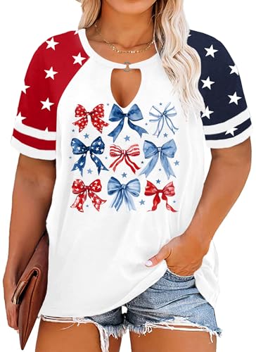 Image of Ithalt Plus Size American Flag Shirt Women Bow T Shirt 4th of July Shirts USA Patriotic V Neck Tees for Independence Day