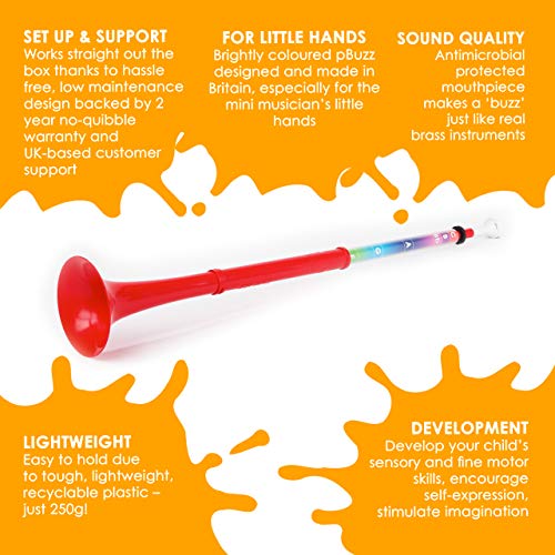Pinstrument Pbuzz Plastic Kids Musical Instrument - Easy To Play Range Of 6 Notes - Authentic Bb Sound For Student And Beginner - Detachable Mouthpiece - Lightweight - Durable Abs Construction - Red #TOP4