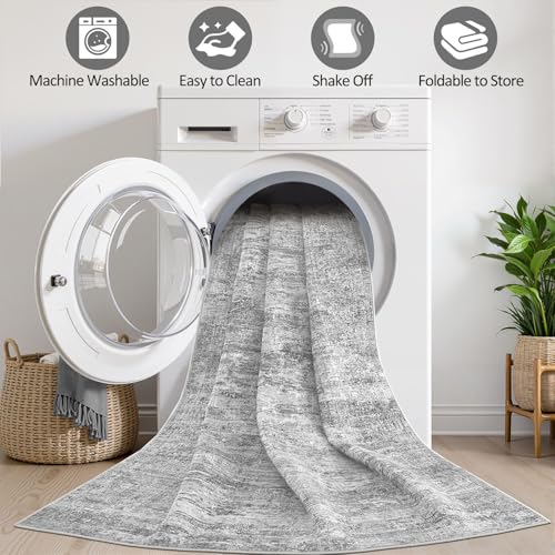 Grey Rug 9x12 Area Rug: Washable Boho Large Vintage Neutral Soft Rugs Stain Resistant Farmhouse Non-Slip Indoor Floor Carpet for Living Room Bedroom Playroom Office Dining Room Apartment Dorm