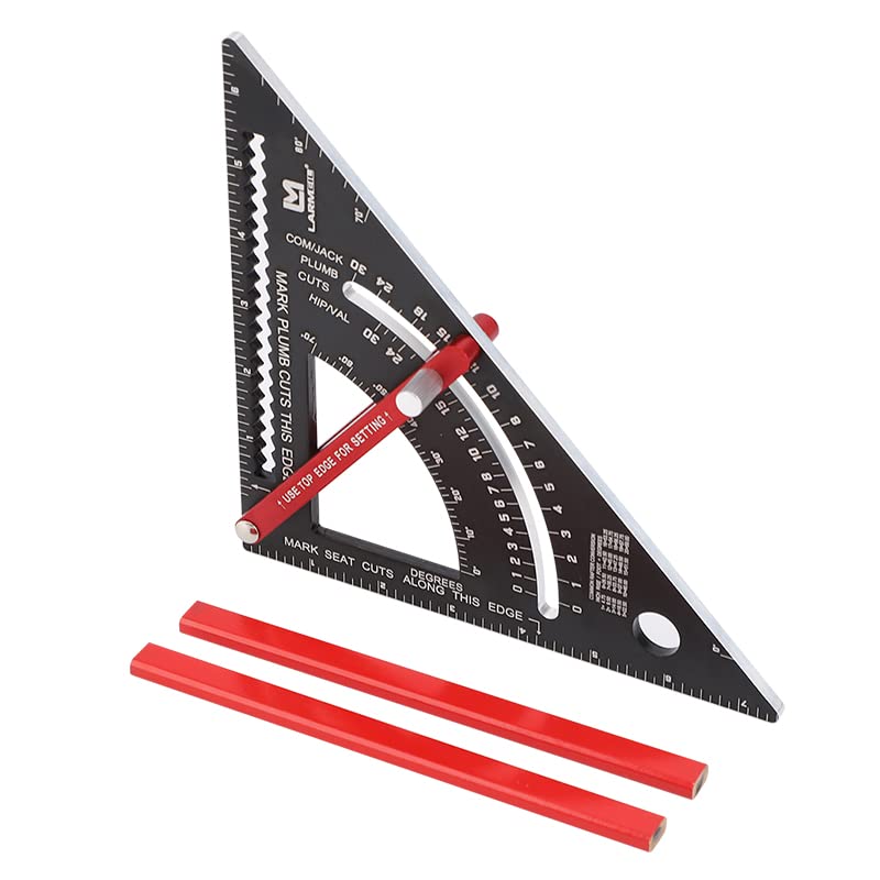 Carpenter Square, 7 inch Woodworking Tools Framing Square, Carpenter Tools and 2 Pencils Combination Square, Adjustable Angle Triangle Ruler, Metal Rafter Square