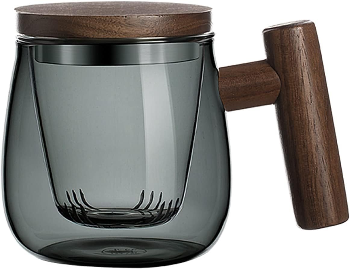 THE WHITE SHOPTea Cup with 300ml Glass Tea Mug with Lid - Clear Teacup with Wooden Handle for Tea Steeping at Home and Office,Housewarming & Birthday Gift