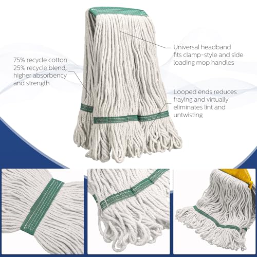 Image of Eccliy 3 Pack Commercial Mop Heads Replacement Heavy Duty 18 oz Loop End Cotton String Wet Mop Refills Washable Absorbent Reusable for Industrial Home Tile Wood Concrete Floor (White,Green)