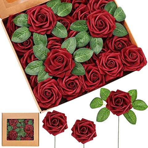 Artificial Foam Rose Flowers Vintage Fake Roses DIY Bouquets Boutonnieres with Leaves and Stems for Wedding Bridal Shower Banquet Party Centerpieces Decor (Dark Wine Red,25 Pieces) Cover
