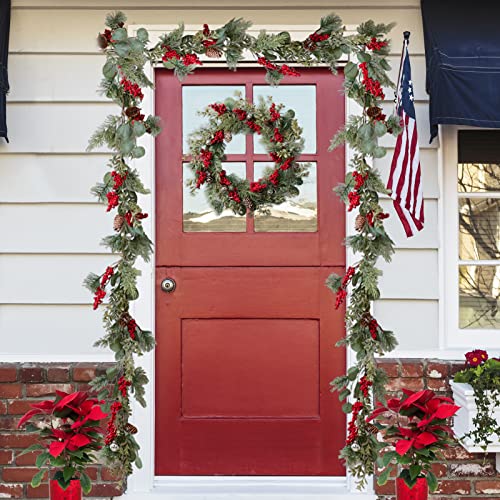 Lohasbee Artificial Christmas Wreath, 22" Pine Cone Grapevine Glitter Wreath With Bells, Red Berries Eucalyptus Boxwood For Front Door Winter Greenery Home Hanging Wall Party Decor #TOP4