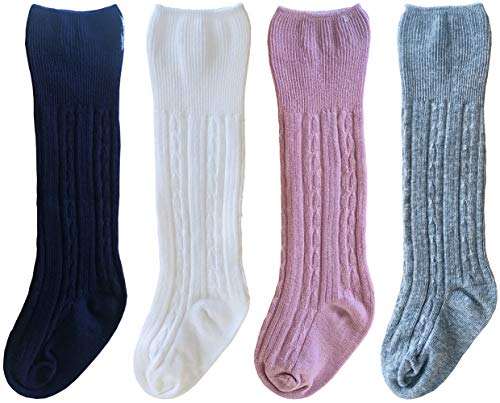 Toptim 4 Pairs Baby Toddlers Cable Knit Knee High Socks for Boy and Girls 0-5T (Black/White/Skin Pink/Grey, 0-12 Months)