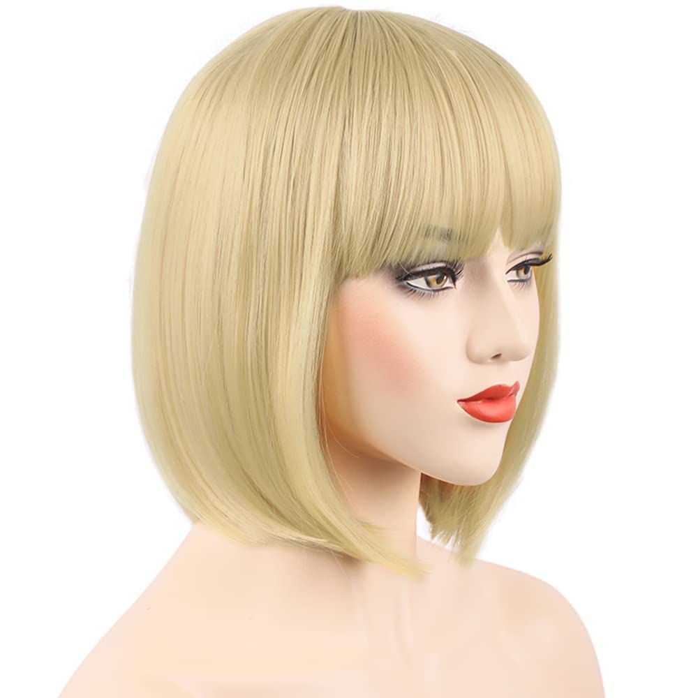 MOSINA 613 Blonde Bob Wig - Short Straight With Bangs for Women, Colorful Short Hair, Cute Synthetic for Cosplay, Daily, Halloween (12 Inch)