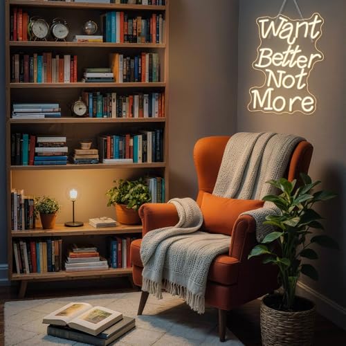 Image of Want Better Not More Neon Signs for Wall Decor Gym Neon Light Up Fitness Club Bar Party Exercise Light Sign in Home Gym Warm White Letters LED Art Gifts for Teens and Adult