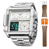 FEICE Wathes FK030 - Orologio da polso da uomo, digitale, LED, analogico, al quarzo, multifunzione, quadrato, cronografo, calendario 24 ore, cinturino in pelle, quadrante grande, colore: argento e