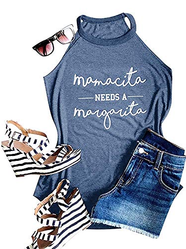 Mamacita Needs A Margarita Tank Top Women Round Neck Sleeveless Funny Tshirt Vest Tee (Blue, S)