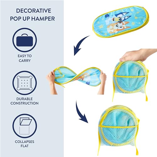 Image of Bluey Pop-Up Hamper with Carry Handles - 21 inch x 13.5 inch, Bluey and Bingo Design, Lightweight & Collapsible Laundry Basket for Kids' Bedroom, Bathroom, or Playroom