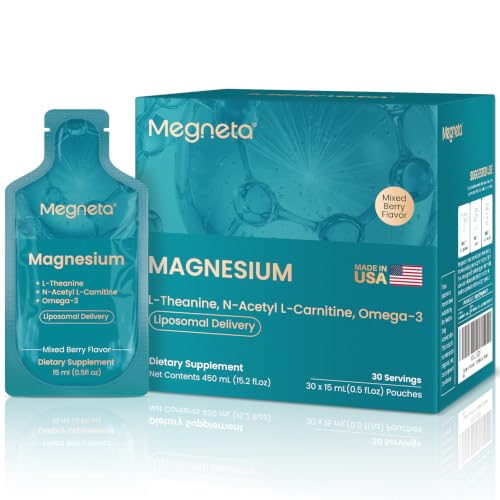 Image of Liquid Magnesium Supplement with L-Theanine, B6 & Omega-3, 15.2 fl oz | Liposomal Magnesium with 500 mg Acetyl L-Carnitine (ALCAR), Memory, Focus, Calm & Sleep Support, Sugar-Free, 30 Pouches