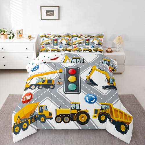 Image of Feelyou Cartoon Construction Excavator Bedding Set for Kids Boys Vehicles Truck Car Comforter Decor Machinery Bulldozer Crane Comforter Set Nursery Duvet Set King Size Bedspreads Coverlet Sets Boys
