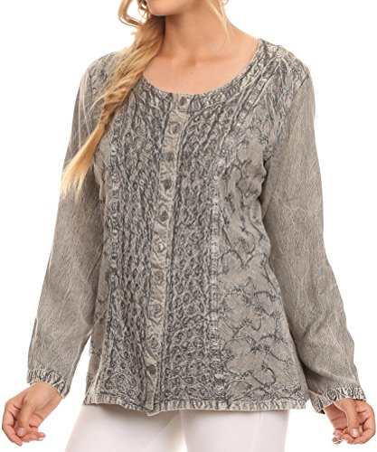 Image of Sakkas Fedella Deep Scoop Neck Long Sleeve Blouse Top with Adjustable Back Straps