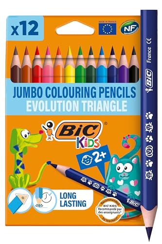 BIC Kids Evolution Triangle Coloured Pencils, Colouring Pencils Ideal for Small Kids 2 Years and Up to Place Fingers, Extra Resistant BIC Pencils, School Supplies, 12 Pack