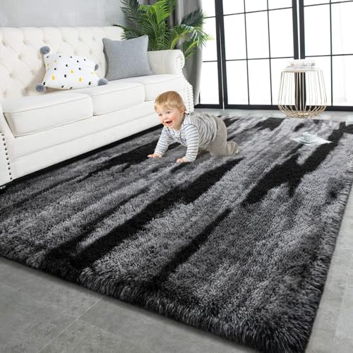 TWINNIS Super Soft Shaggy Rugs Fluffy Carpets, 5x8 Feet, Indoor Modern Plush Area Rugs for Living Room Bedroom Kids Room Nursery Home Decor, Upgrade Anti-Skid Rectangular Fuzzy Rug, Black Gray