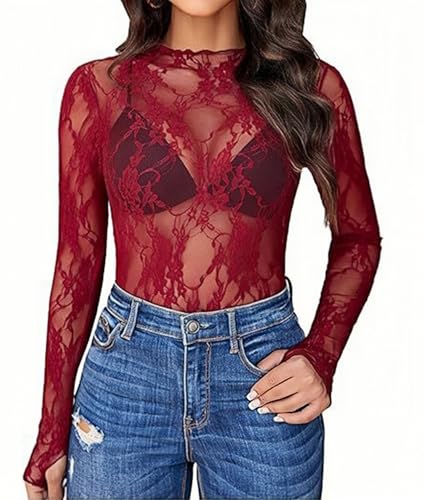 Image of ROSVAJFY Women's Transparent Top, Long Sleeve Lace Floral Mesh Blouse Mock Neck Elegant Shirt for Casual, Holiday, Rave (UK, Alpha, M, Regular, Regular, Burgundy)
