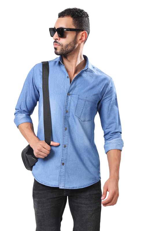 London Hills Men’s Regular Fit Solid Soft Denim Cotton Casual Shirt with Pocket | Denim Shirt for Man Spread Collar & Full Sleeves