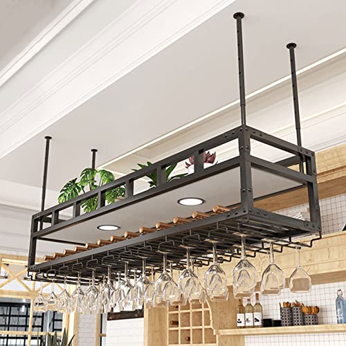 WXQDDA Hanging Wine Rack with 2Lights, Ceiling Mounted Wine Rack Adjustable Industrial Hanging Wine Bottle Holder, Metal Iron Wine Shelf for Bar Dining Room,Black,80x30cm Chaser of Light