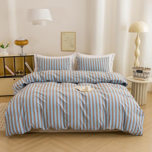 Image of Retro Blue Brown Striped Duvet Cover Set, Soft & Comfortable Durable King