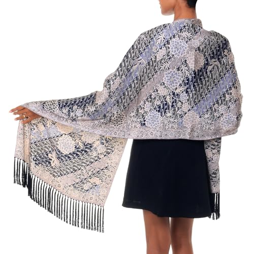 NOVICA Artisan Handmade Silk Batik Shawl Accessories Shawls Black Multicolor Patterned Indonesia Floral ' Butterfly Blossoms'2