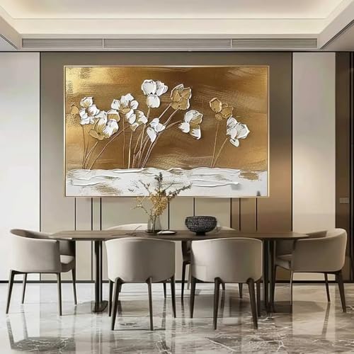 Toile abstraite blanche grand format avec fond doré élégant