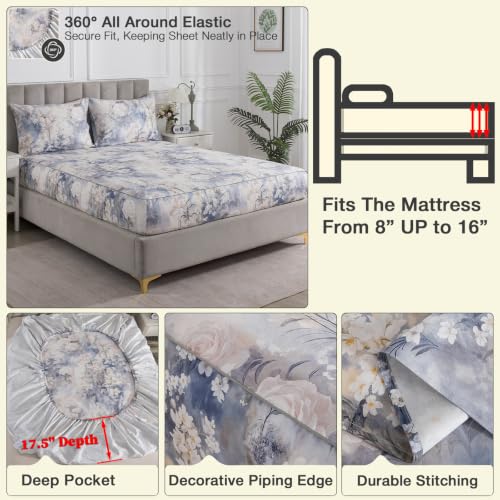 Image of Vintage Floral Percale Sheets King Size Deep Pocket, White & Blue | 100% Cotton Soft Crisp Toile Sheet Set, Shabby Chic Flower Bed Sheets, Cottage Core Bedding, Botanical Print, Farmhouse, 4Pcs