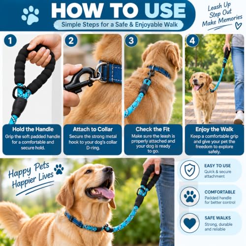 Image of PetVogue FT Nylon Rope Dog Leash, Heavy Duty Training & Walking Lead for Small, Medium & Large Dogs, Reflective Pet Walking Cord with Comfortable Padded Handle & Strong Metal Clip (Blue)