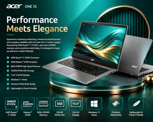 Image of Acer One 15 Smart Laptop AO15-41M-G2 | AMD Ryzen 3 7320U | AMD Radeon 610M Graphics | 8GB LPDDR5 RAM | 256GB NVMe SSD | 15.6 inch FHD Display | Windows 11 Home | Silver